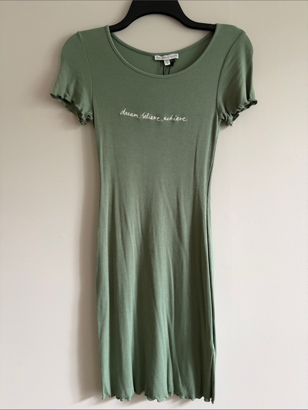 Sincerely Jules Olive Green Mini Dress with 'dream, believe, achieve'